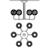 Chandelier schematic with black lines on white, showing two-tiered arms supporting six spherical, shaded fixtures and central mounting plate.