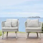 Exceptional Varaschin Emma lounge chair with light gray woven rope embracing a comfortable light gray cushion