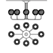 Chandelier black and white line drawing, eight arms with circular shades, central hub with spherical textured orbs, vertical support.