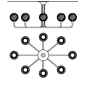 Technical diagrams in black and white depict spherical arrangements connected to central supports, illustrating distribution and connectivity.