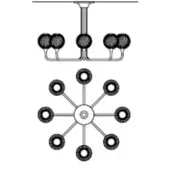 Chandelier technical drawing, black lines on white, symmetrical design with central hub, eight radiating arms, spherical dark shades.