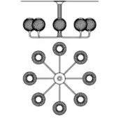 Chandelier, brushed silver, radial design with eight perforated metal sphere shades extending from a central cylindrical stem.