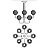 Lighting fixture diagram showing two chandeliers with curved arms, circular shades, and black line drawing on a white background.