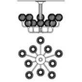 Sprinkler head system diagram, black and white line drawing, central manifold with twelve nozzles and radial eight-outlet distribution.