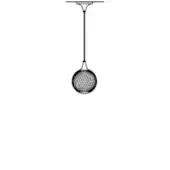 Pendant light, black metal, circular perforated shade suspended from a slender rod with a rounded ceiling mount; studio shot.