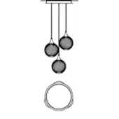 Pendant light fixture, black and white line drawing, three spherical woven shades with rods, ring element, studio rendering.