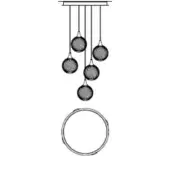 Chandelier with six black wire mesh sphere pendants, rectangular mount, varying lengths, circular arrangement, white background line drawing.