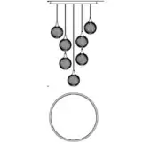 Chandelier with eight gray mesh sphere pendants, cascading from a horizontal bar with connecting rods and a circular ring below.