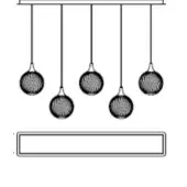 Chandelier with five dark woven sphere pendants, rectangular mount, staggered arrangement, minimalist modern design, black and gray tones.