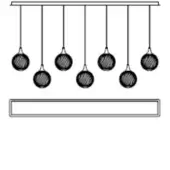 Chandelier with seven dark gray spherical pendants suspended from a horizontal bar, featuring textured surfaces and a light gray frame below.