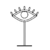 Metal eye sculpture, dark finish, with curved eyelash loops and circular iris, mounted on a slender metal pole and rectangular base.