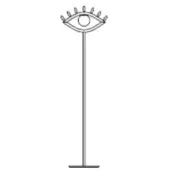 Floor lamp, silver metal, minimalist design featuring an eye-shaped lampshade with circular pupil and slender pole base.