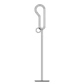 Floor lamp, brushed metal, cylindrical pole with sculptural looped element and circular head, minimalist design, studio lighting.