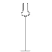 Wire display stand, light gray metal, minimalist curved fork design for signage or retail presentation against a white backdrop.