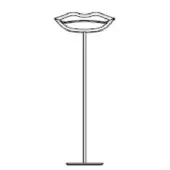 Floor lamp, silver-toned metal, with stylized lip-shaped head mounted on a slender cylindrical pole and rectangular base, minimalist design.