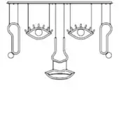 Black metal linear chandelier with stylized face: eyes, nose, lips, and capsule shapes against a white background.