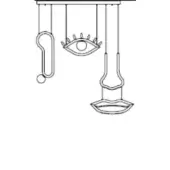 Chandelier, black metal, three-tiered sculptural design featuring abstract face elements suspended by cords against a white backdrop.