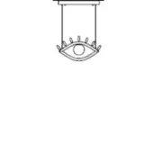 Pendant light, black metal, with square mount and stylized eye-shaped fixture featuring radiating petal details and circular iris.