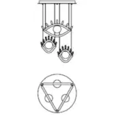 Chandelier technical drawing, black lines on white, three tiered eye-shaped fixtures with radiating frames and circular mounting diagram.