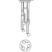 Chandelier, metal, six-rod design with curved loops and rectangular ceiling mount, minimalist illustration on white background.