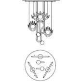 Chandelier line drawing, metal rods with stylized eye motifs, geometric shapes, circular diagram detailing rod connections, model visio c5 rd 80.