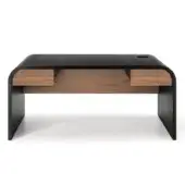 Walnut desk drawer by 4Mariani with rounded edges, black matte frame, and cable management opening, studio shot.