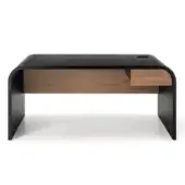 Nami desk right drawer, walnut wood finish, rectangular shape with rounded edge and black leather-like top surface.