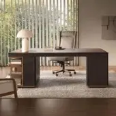 Exclusive 4 Mariani Noah desk crafted in Italy with black walnut wood and saddle leather writing pad with matte finish
