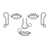 Minimalist face line drawing, black on white, featuring circular eyes, curved nose, open mouth, and elongated ear-like shapes.