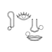 Line drawings of facial features and jewelry, including an earring, eye, nose rings, and lips, in black on white.