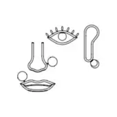 Minimalist line drawing of an eye, nose ring, lips, and long circular earring in black on white, illustrative graphic element.
