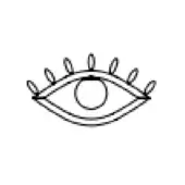 Minimalist line art of an almond-shaped eye with curved lashes, black outlines, and a circular pupil on a white background.