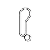 Black and white line drawing of a stylized paperclip with a slender shaft, rounded top loop, and smaller circular bottom loop.