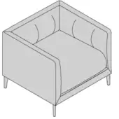 Hexagonal armchair, gray fabric upholstery, structured silhouette with squared back and tapered dark wood legs.