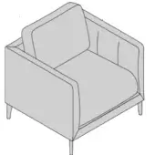Modern armchair, gray fabric upholstery, rectangular silhouette with padded cushions and tapered dark legs.