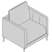 Armchair, light gray fabric, boxy silhouette with tapered dark gray legs and vertical seam detailing, studio shot.