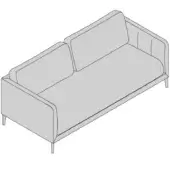 Three-seater sofa, light gray fabric, rectangular shape with angled armrests and tapered dark metal legs.