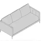 Three-seater sofa, light gray fabric, rectangular shape with square armrests and three back cushions, dark gray cylindrical legs.