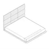 Bed frame with gray upholstered platform, segmented rectangular headboard, padded vertical sections, and dashed square detail outlining side.