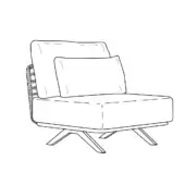 Lounge chair sketch, black lines, square silhouette, ribbed texture, cushioned seat, tapered metal legs, mid-century modern style.