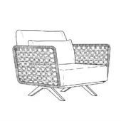 Armchair with woven back and sides, rectangular cushion, tapered legs, grid pattern, mid-century modern style, white background.