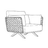 Modern armchair sketch, woven grid pattern, square silhouette, angled backrest, metallic legs, minimalist linear design on white background.