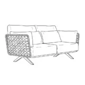Three-seater sofa line drawing, black on white, rectangular shape with grid sides, angled backrest, tapered metal legs.