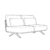 Modern sofa black line drawing, low profile, square cushions, tapered metal legs, minimalist design, schematic illustration.