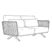 Two-seater sofa sketch with woven detailing, light upholstery, dark metal frame, and angled tapered legs in a minimalist style.