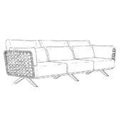 Sectional sofa black and white line drawing, modular chaise lounge, three-cushion seat, woven armrest, tapered metal legs.