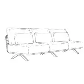 Sofa sketch, fabric upholstery, low profile with square cushions and vertical ribbed back, angled metal legs, minimalist design.