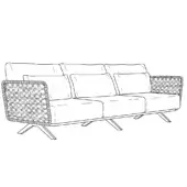 Sofa line drawing, black and white, low profile with woven armrests and plush cushions, supported by tapered metal legs.