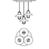 Pendant light fixture, light-colored metal, four conical shades suspended from black cords in staggered arrangement with circular base details.