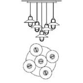 Chandelier with eight conical pendant lights, black and white line drawing, asymmetrical cluster, circular discs with central cutouts, technical illustration.